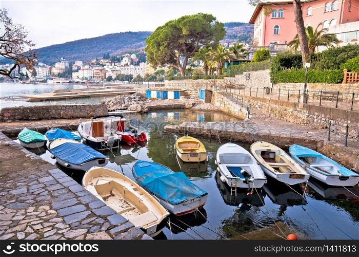 Town of Opatija small harbor on Lungomare walkway view, Kvarner bay of Croatia