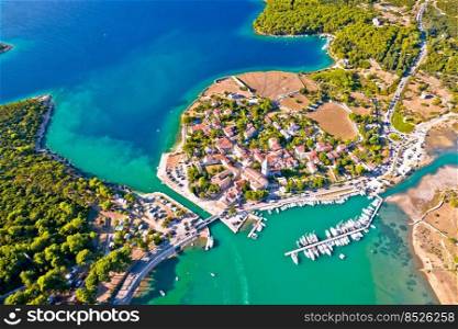 Town of Osor turquoise coast aerial view, bridge between Cres and Mali Losinj islands, Adriatic archpelago of Croatia