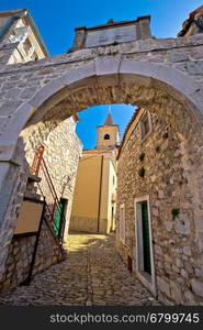 Town of Pirovac historic stone gate vertical view, Dalmatia, Croatia