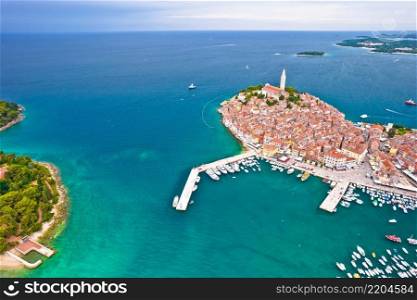 Town of Rovinj historic peninsula and archipelago aerial view, famous tourist destination in Istria region of Croatia