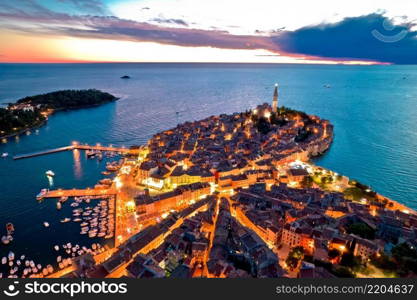 Town of Rovinj historic peninula aerial dusk view, Istria region of Croatia