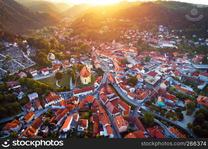 Town of Samobor aerial burning sunset view, northern Croatia