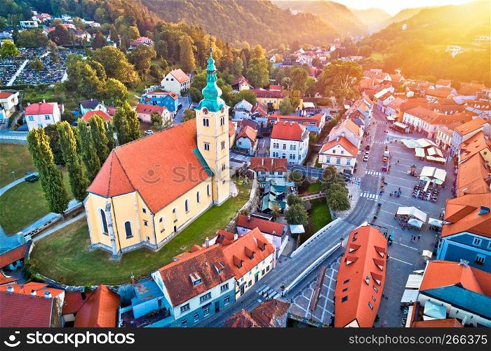 Town of Samobor square aerial burning sunset view, northern Croatia