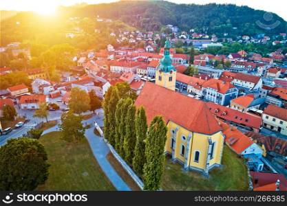 Town of Samobor square aerial burning sunset view, northern Croatia