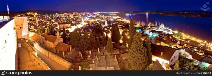 Town of Sibenik evening aerial panorama, Dalmatia, Croatia