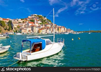 Town of Sibenik turquoise waterfront and boats view, Dalmatia, Croatia