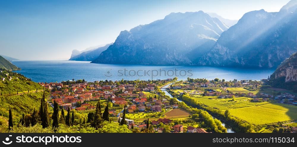 Town of Torbole and Lago di Garda sunset view, Trentino Alto Adige region of Italy
