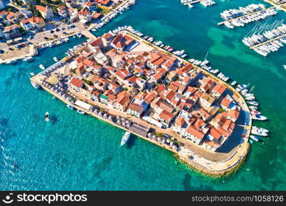 Town of Tribunj on small island aerial view, central Dalmatia region of Croatia