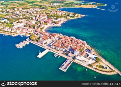 Town of Umag historic coastline aerial view, archipelago of Istria region, Croatia