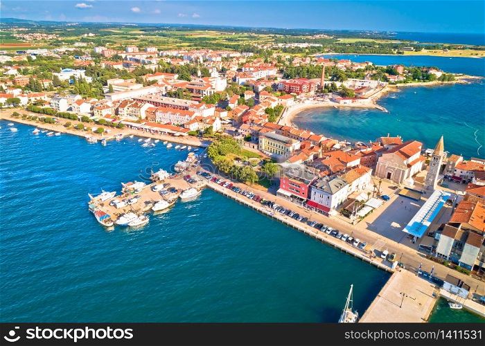 Town of Umag historic coastline architecture aerial view, archipelago of Istria region, Croatia