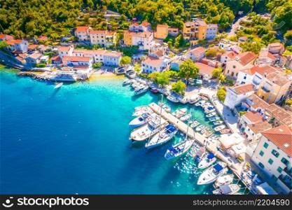 Town of Valun sailing bay on Cres island aeial view, Kvarner region of Croatia
