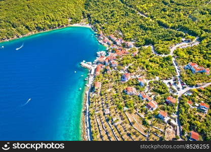 Town of Valun sailing bay on Cres island aeial view, Kvarner region of Croatia