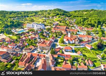Town of Varazdinske Toplice in green hillside landscape aerial view, Zagorje region of northern Croatia 