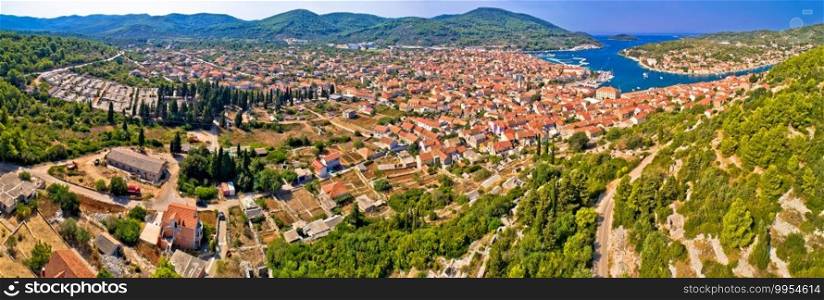 Town of Vela Luka on Korcula island aerial panoramic view, archipelago of southern Dalmatia, Croatia 