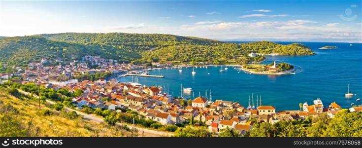 Town of Vis panorama from hill panoramic view, Dalmatia, Croatia