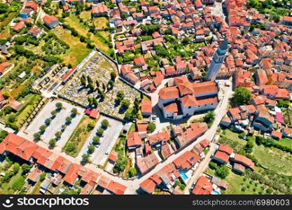Town of Vodnjan tower and rooftops aerial view, highest tower in Istria region of Croatia