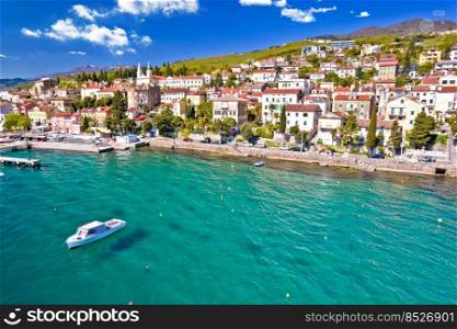 Town of Volosko colorful coastline aerial panoramic view, Kvarner bay of Adriatic sea, Croatia