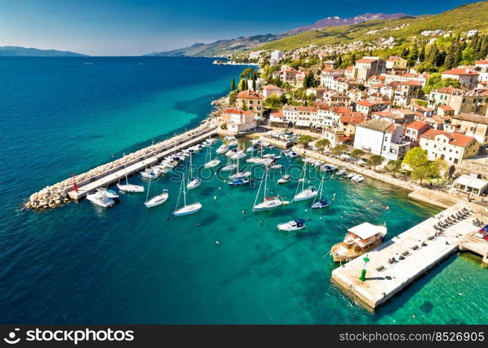 Town of Volosko colorful coastline aerial panoramic view, Kvarner bay of Adriatic sea, Croatia