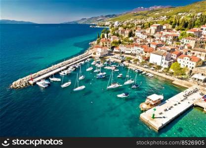 Town of Volosko colorful coastline aerial panoramic view, Kvarner bay of Adriatic sea, Croatia