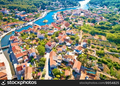 Town of Vrboska aerial view, Hvar island, Dalmatia archipelago of Croatia