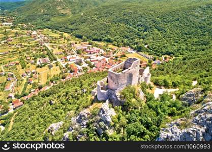 Town of Vrlika and Prozor hill fortress ruins aerial view, Dalmatian Zagora region of Croatia