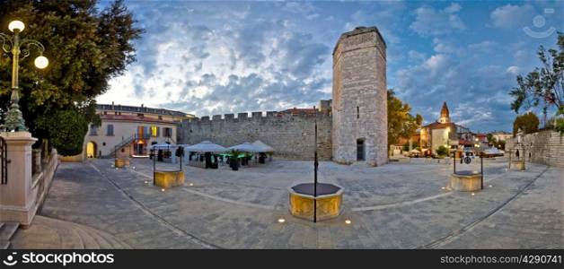 Town of Zadar five wells square evening panoramic view, Dalmatia, croatia