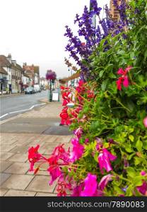 town street with colorful flowers in England