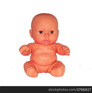 Toy baby doll close-up isolated on white
