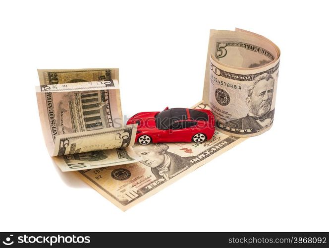 Toy car and money over white