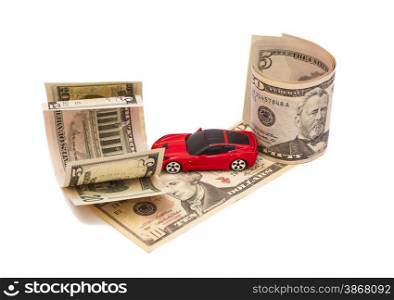 Toy car and money over white