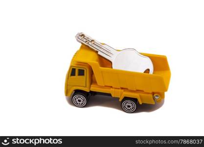 Toy car truck with key isolated on white background