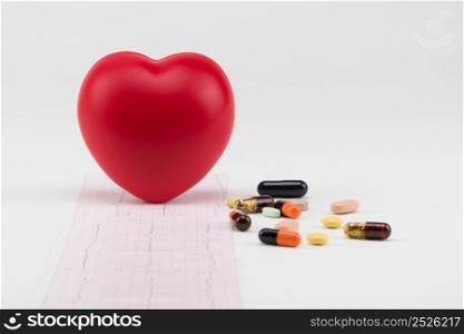 Toy heart on cardiogram with pills. Concept healthcare. Cardiology - care of the heart. cardiology, heart care