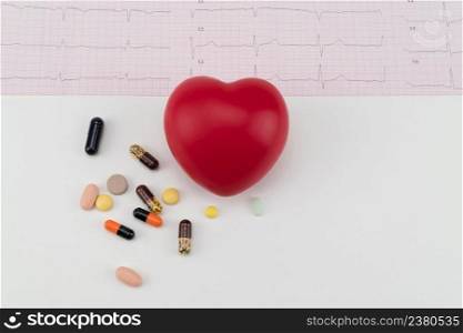 Toy heart on cardiogram with pills. Concept healthcare. Cardiology - care of the heart. Top view. cardiology, heart care