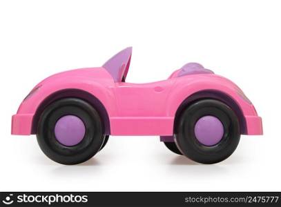 Toy pink plastic car. Isolated object.