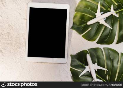 toy planes monstera leaves tablet