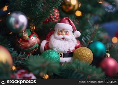 Toy Santa Claus among Christmas tree branches decorated with shiny Christmas balls. Header banner mockup with copy space. AI generated.. Toy Santa Claus among Christmas tree branches decorated with shiny Christmas balls. AI generated.