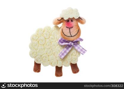 Toy smiling white sheep, handmade felt easter decoration. Smiling white sheep