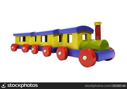 Toy train on a white background, light shadow and reflection
