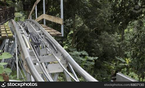 track of roller coaster in jungle forest
