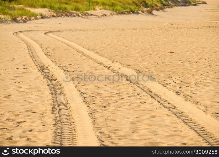 tracks of a military truck in sand
