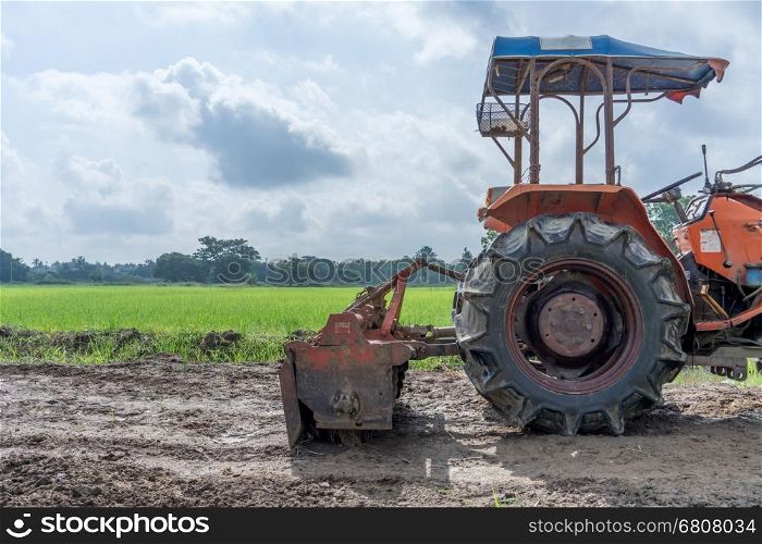 Tractor in a rice field