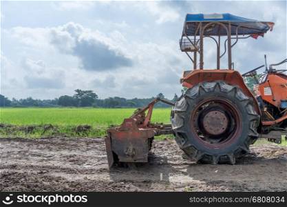 Tractor in a rice field