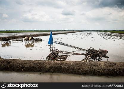 tractor in rice field for agriculture soil preparation