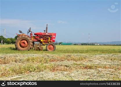 Tractor on Paddy field in countryside,thailand