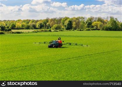 tractor spraying glyphosate pesticides on a corn field. tractor spraying glyphosate pesticides on a field