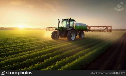 Tractor Spraying Pesticides on Green Soybean Plantation at Sunset. Generative AI. High quality illustration. Tractor Spraying Pesticides on Green Soybean Plantation at Sunset. Generative AI