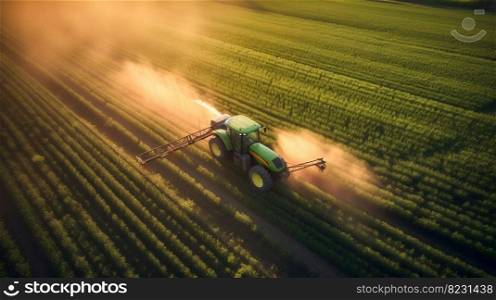 Tractor Spraying Pesticides on Green Soybean Plantation at Sunset. Generative AI. High quality illustration. Tractor Spraying Pesticides on Green Soybean Plantation at Sunset. Generative AI