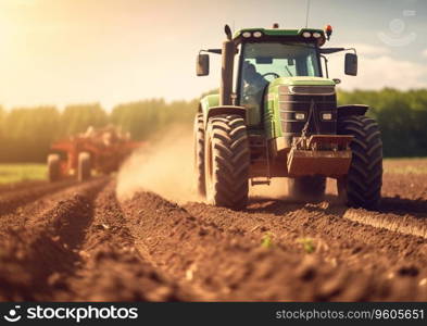 Tractors plowing soil and getting ready to start new agricultural season for wheat harvest in future.AI Generative