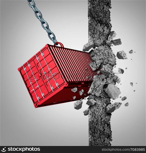 Trade barrier concept and breaking economic sanctions or opening new export and import markets as a freight container breaking an obstacle wall with 3D illustration elements.