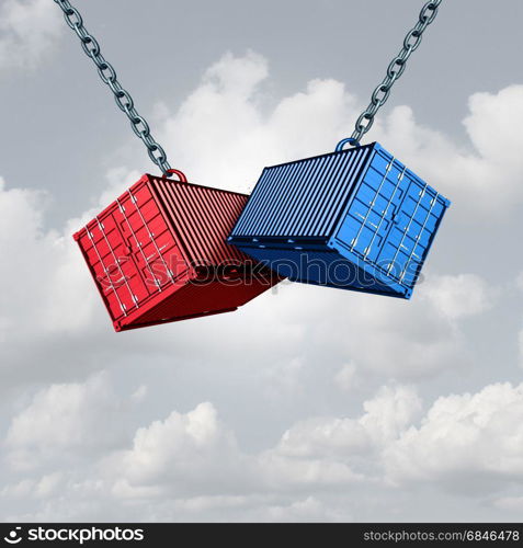 Trade war concept and economic conflict metaphor as two cargo freight shipping containers crashing into each other as a financial commerce symbol with 3D illustration.